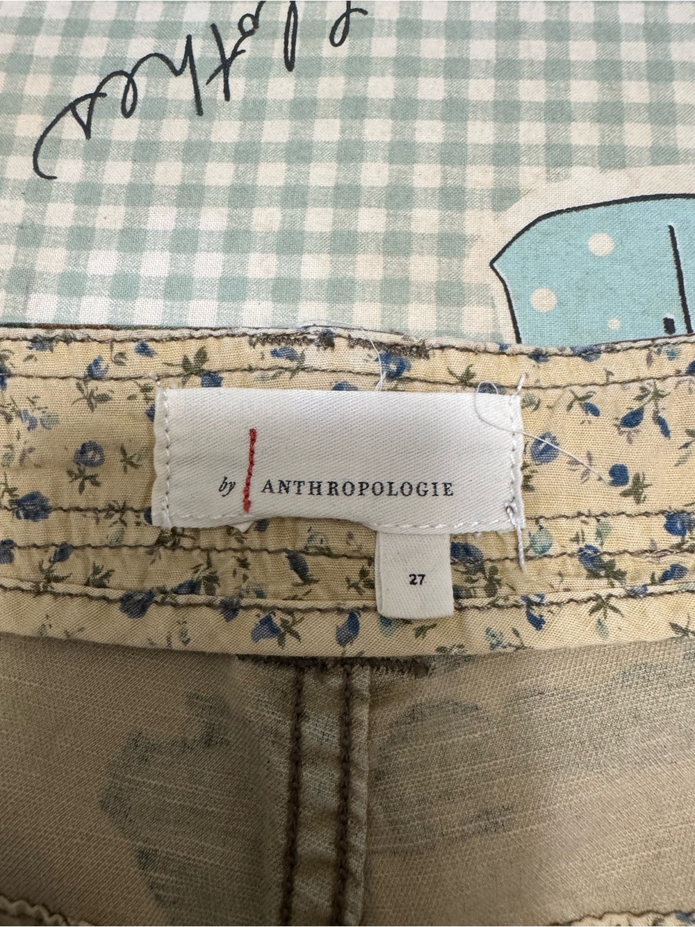 Anthropologie Beige Pants with Blue Floral Trim